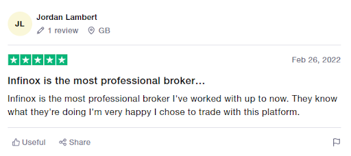 Source: https://www.trustpilot.com/users/621a6c349d84a1001213e532 INFINOX review on Trustpilot